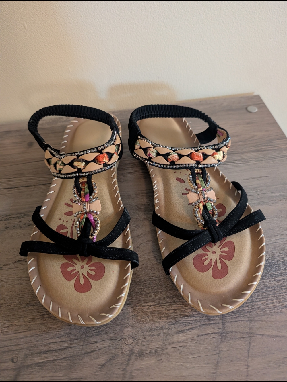Black Embellished Women’s Slingback Sandals with Multicolor Accents